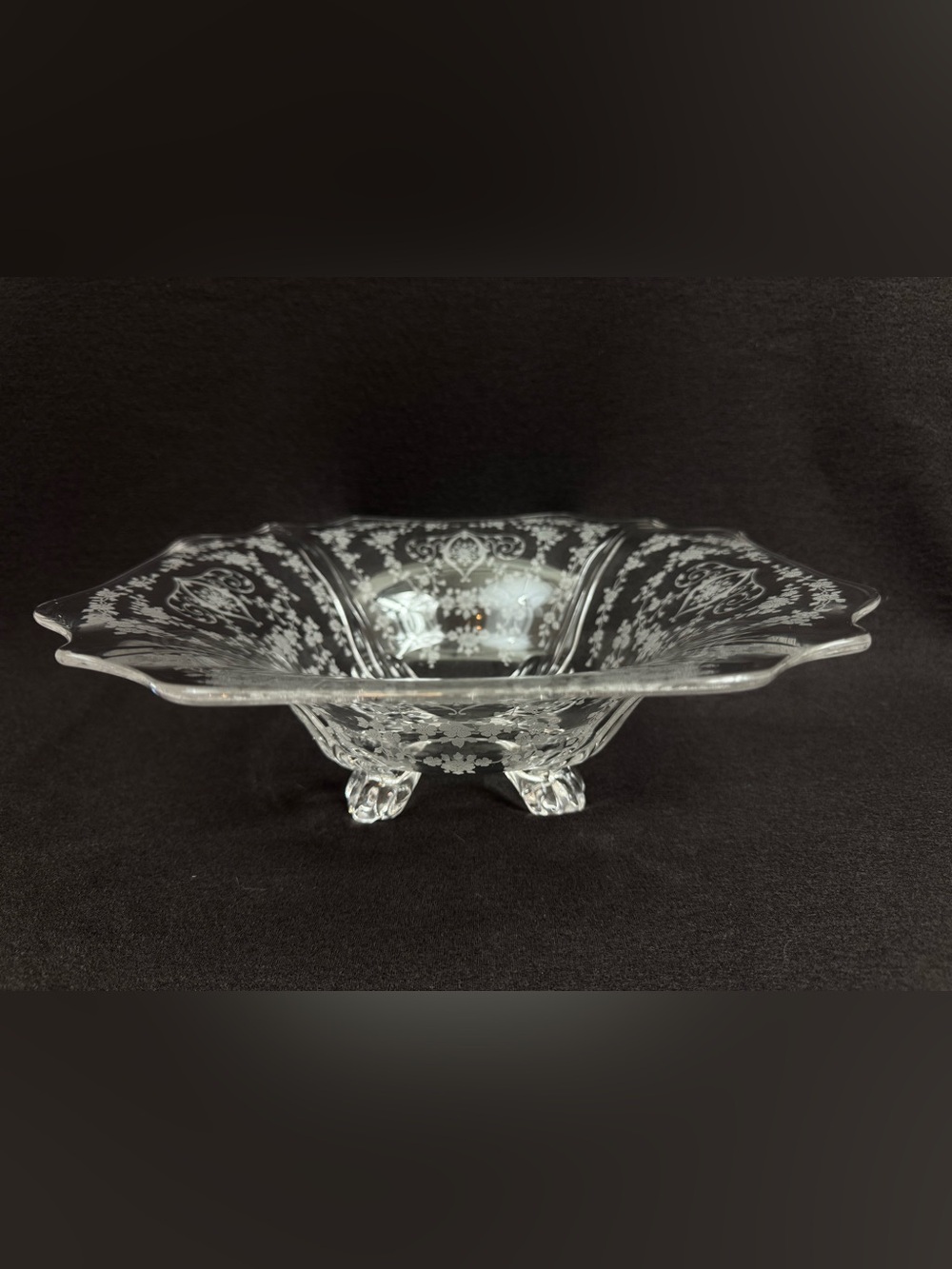 Clear Etched Glass Footed Bowl with Floral Scrolls